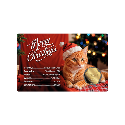 Cat Santa Hat Coin Card 999/1000 1/1000oz - Gold Gift Preowned