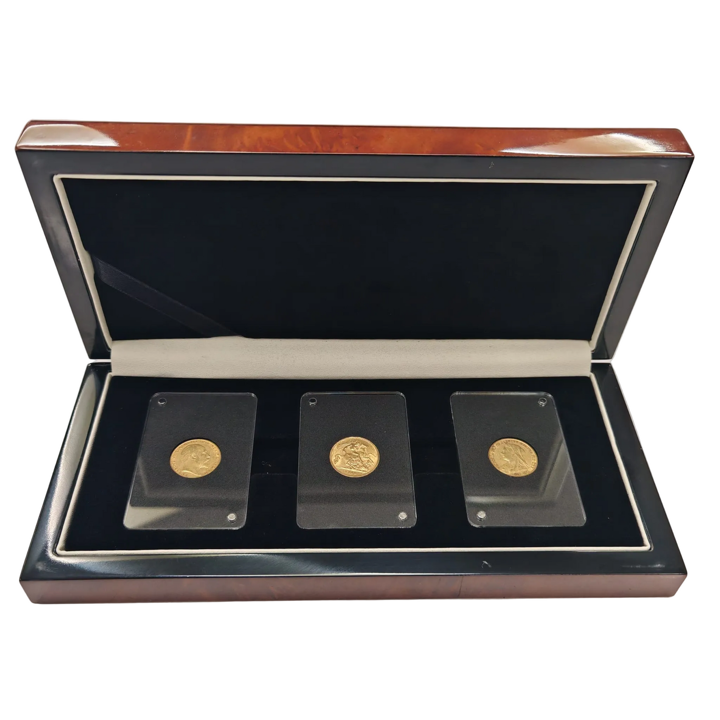 Three 22ct Half Sovereigns in Wood Display Case Preowned