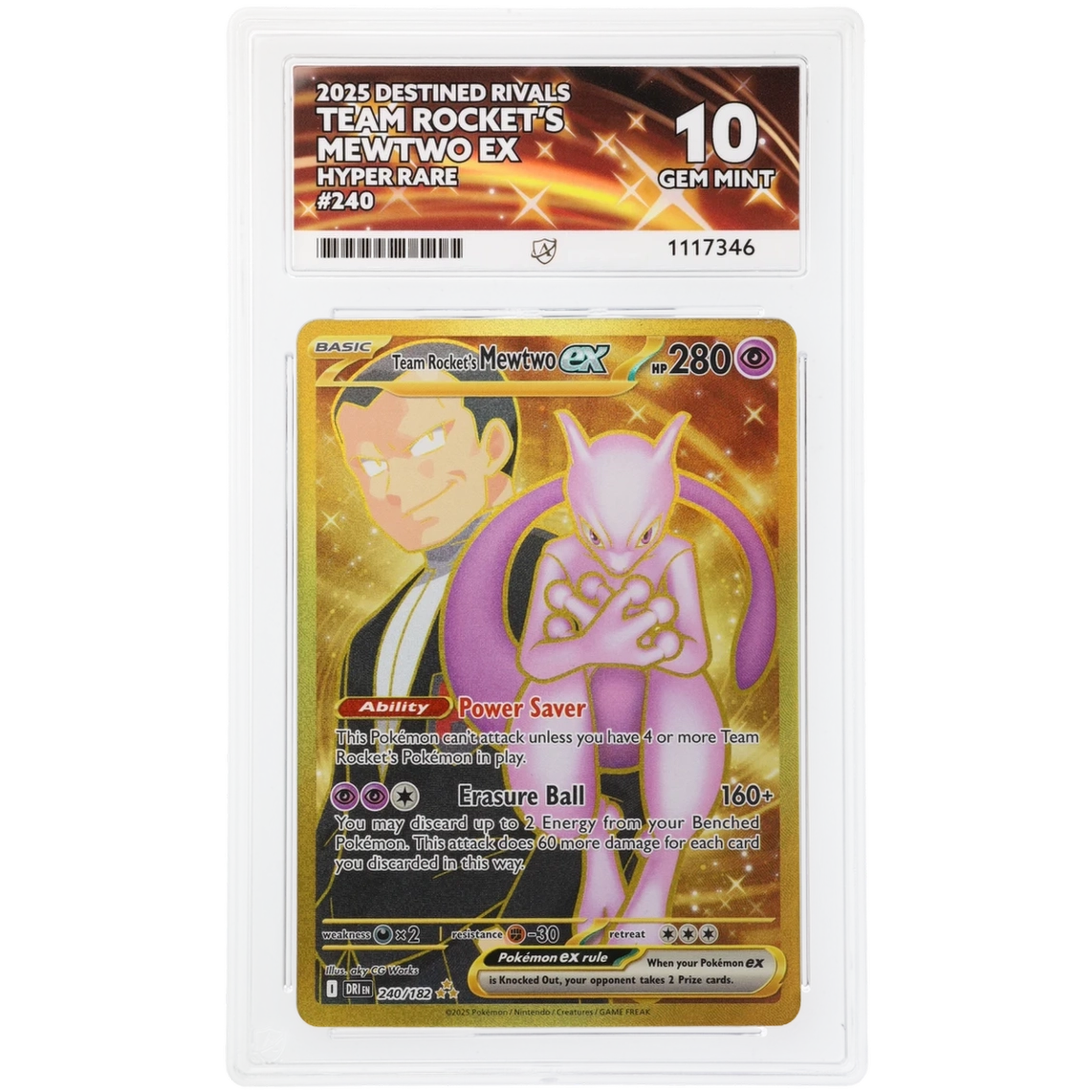 2025 Pokemon Destined Rivals Team Rockets Mewtwo EX HR 240/182 Ace 10 Gem Mint Preowned