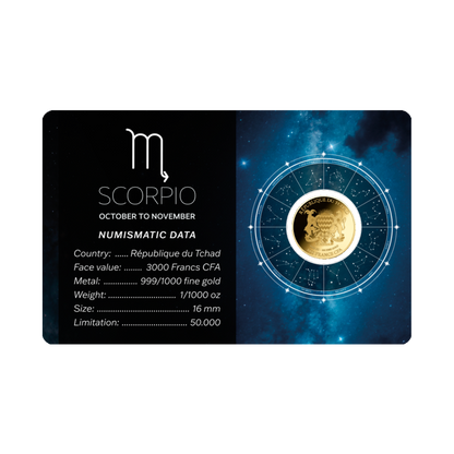 Zodiac Scorpio Coin Card 999/1000 1/1000oz - Gold Gift Preowned
